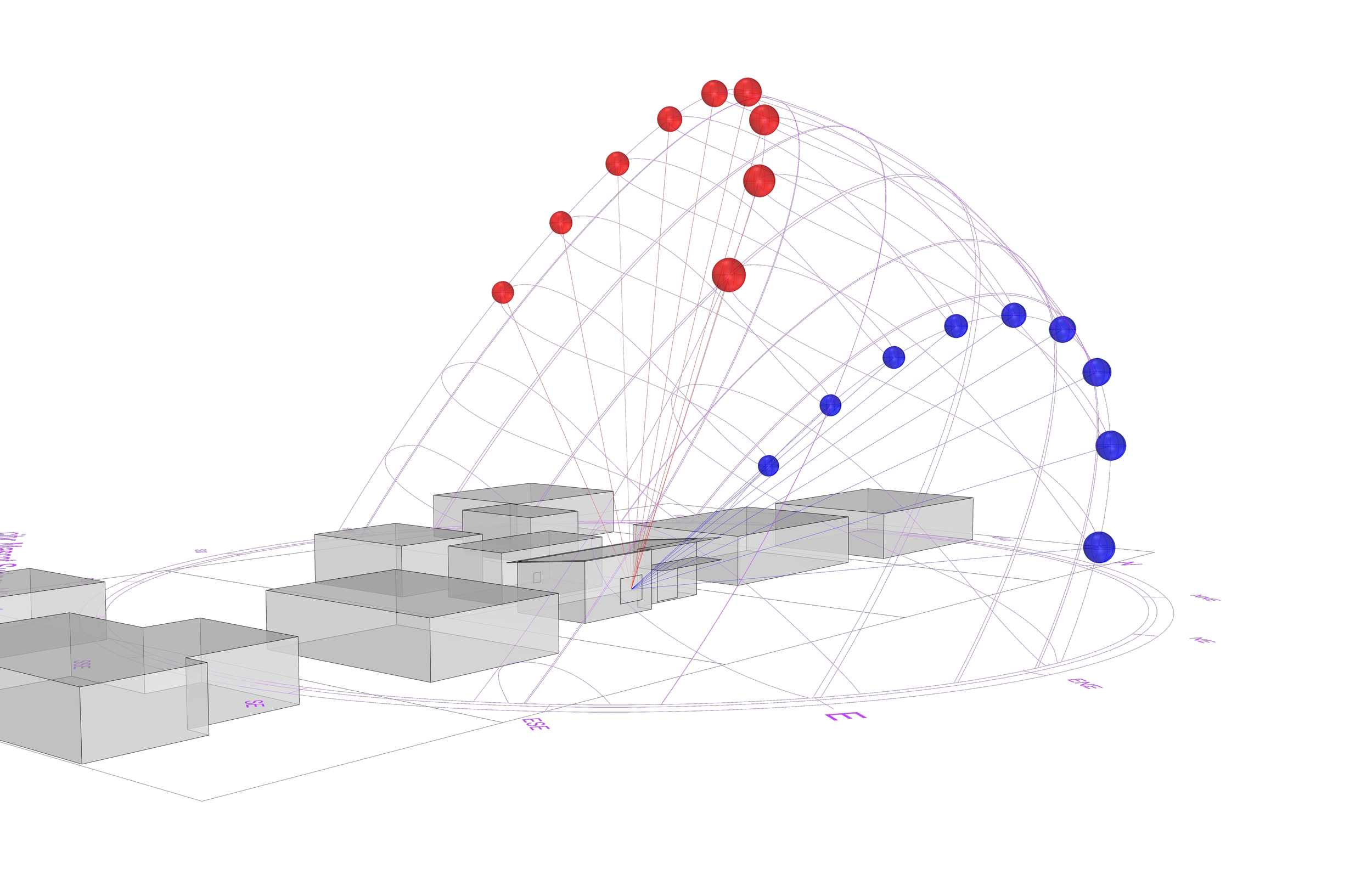 A digital illustration featuring a 3D architectural model with white building blocks and a network of purple lines, and red and blue spheres connected by lines, representing a conceptual data or technological system.