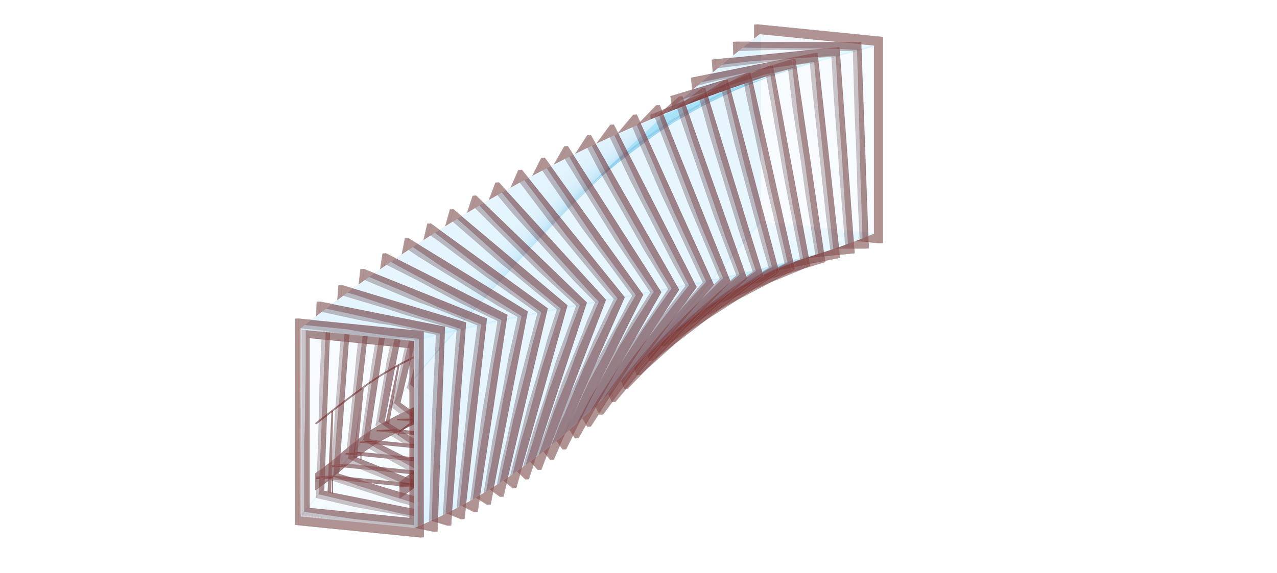 A 3D rendering of a curved, layered, geometric structure resembling a wave or arch made of folded rectangular panels with a pinkish hue, set against a black background.