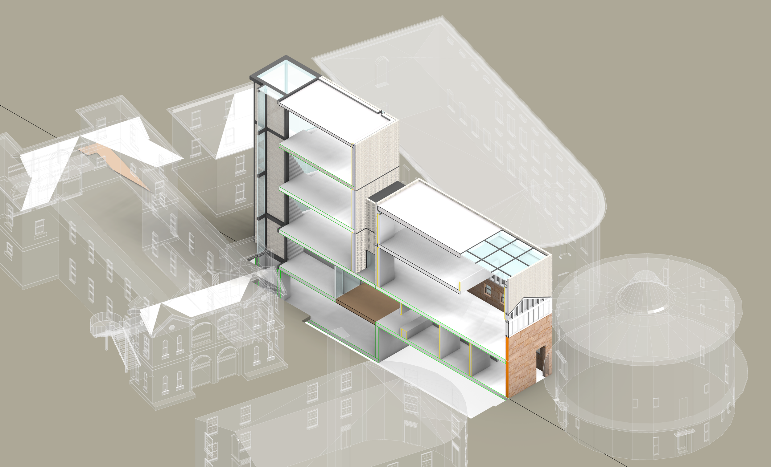 3D architectural model of a modern building with multiple floors, visible interior spaces, and glass elements, set against semi-transparent outlines of surrounding structures.