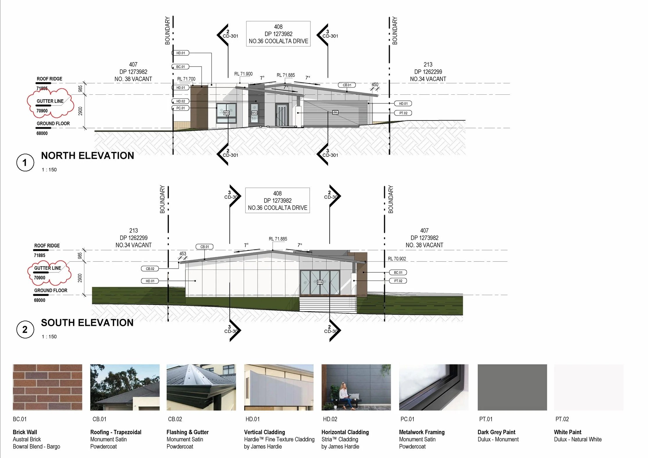Architectural elevation drawing of a modern residential building's north and south sides, with detailed notes on materials, dimensions, and roof structure, accompanied by an inset showing color samples for brick wall, roofing, cladding, framing, and paint.