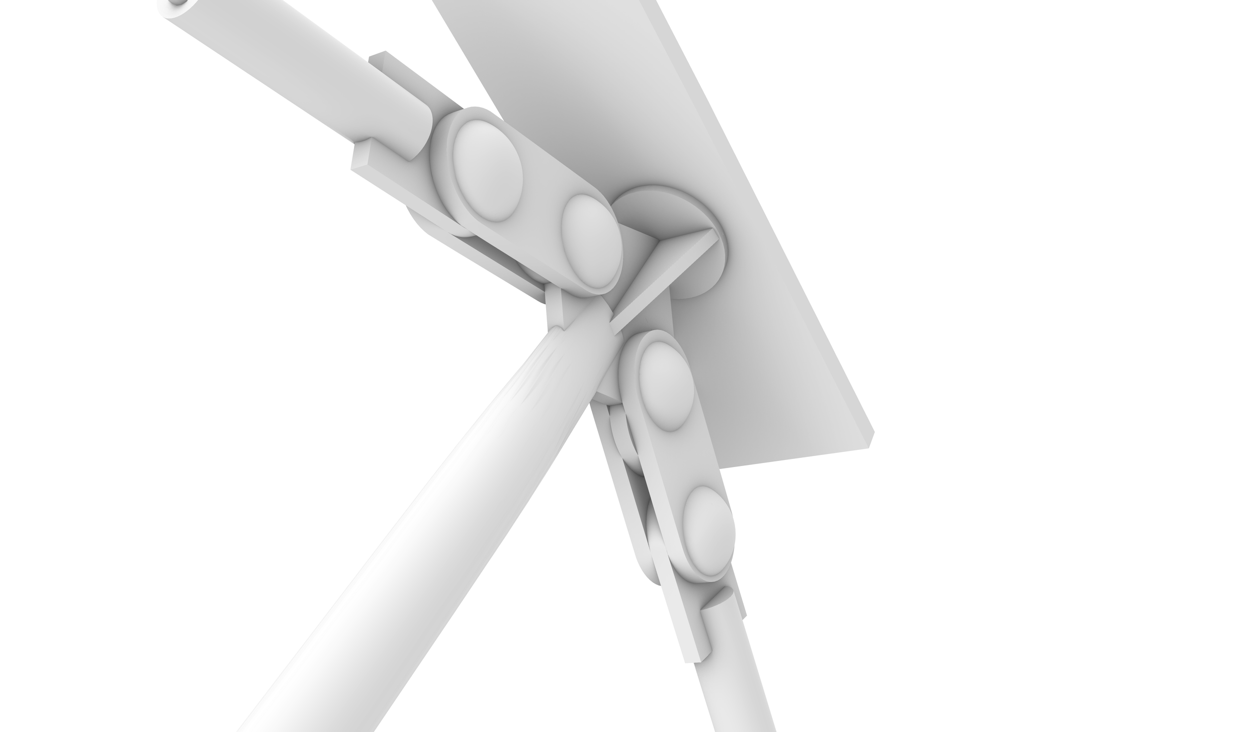 Close-up of a bicycle's front fork and handlebars in white, with focus on parts and joints.