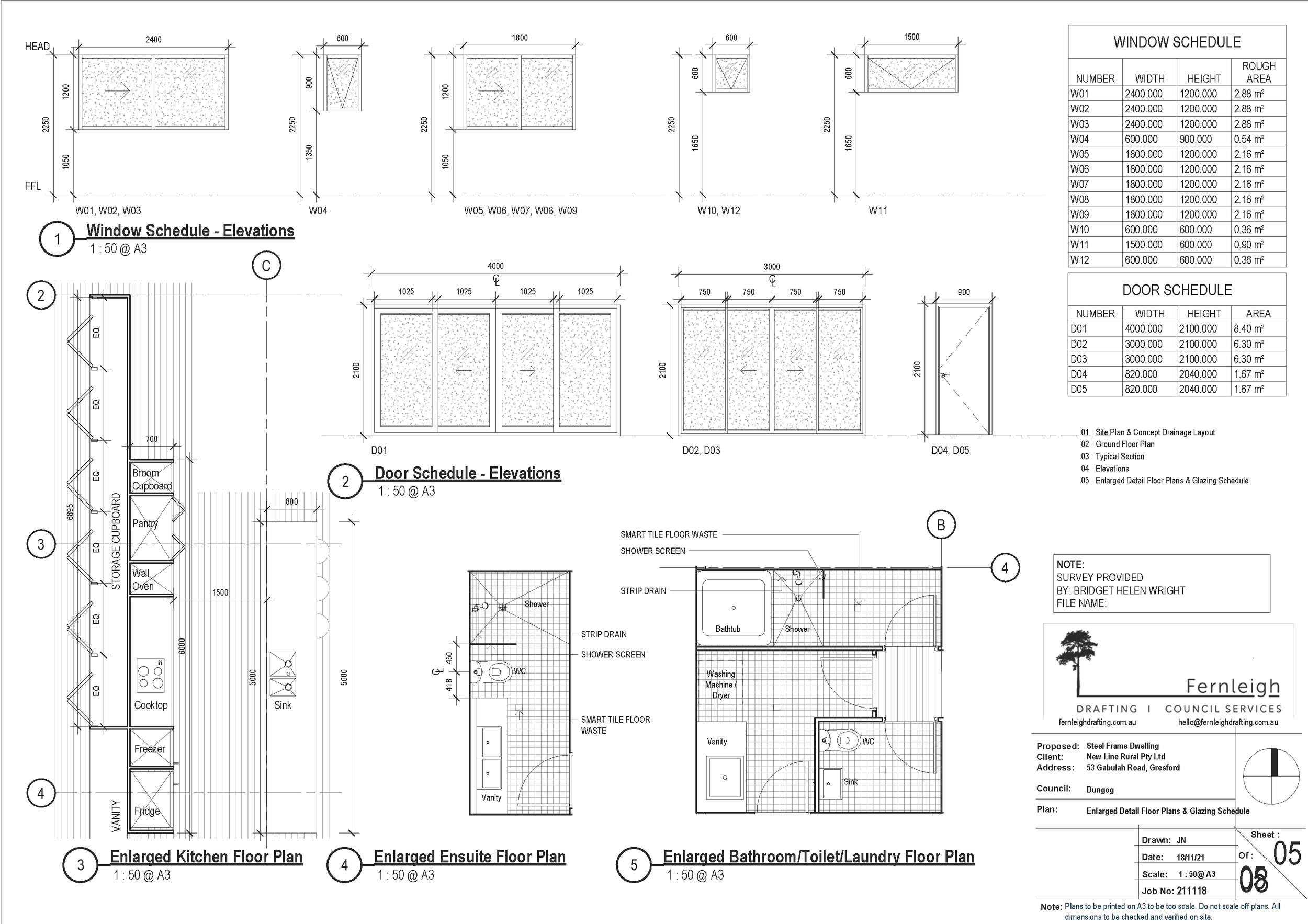 Architectural floor plans and elevations for a dwelling, including window, door, kitchen, ensuite, and bathroom layouts with detailed measurements.