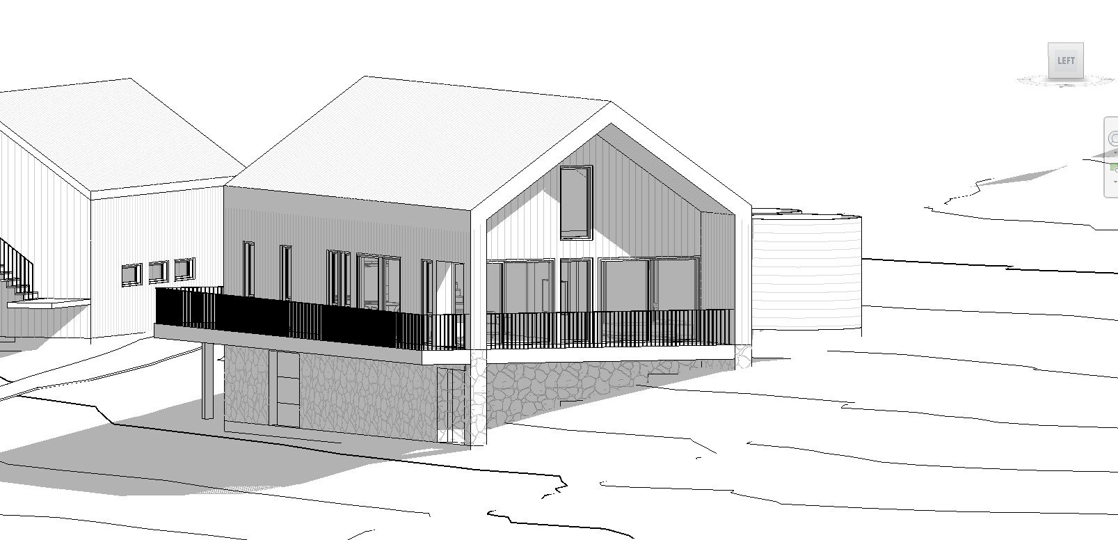 Line drawing of a house with a steep gable roof, large windows, a balcony with railing, stone foundation, and surrounding landscape lines.