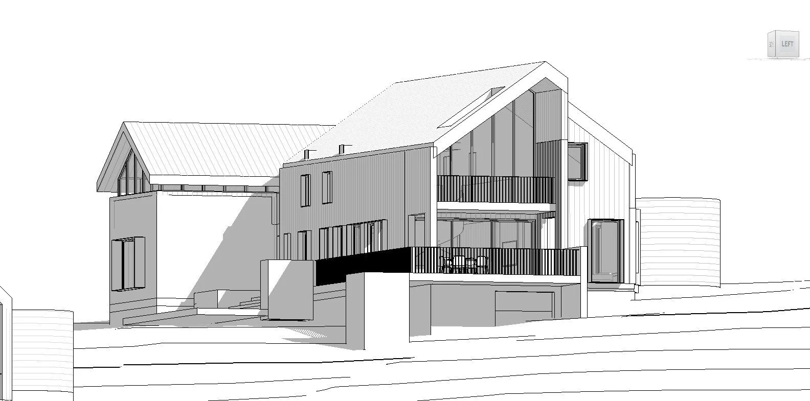 Architectural drawing of a modern multi-story house with balconies and a sloped roof, shown in black and white lines.