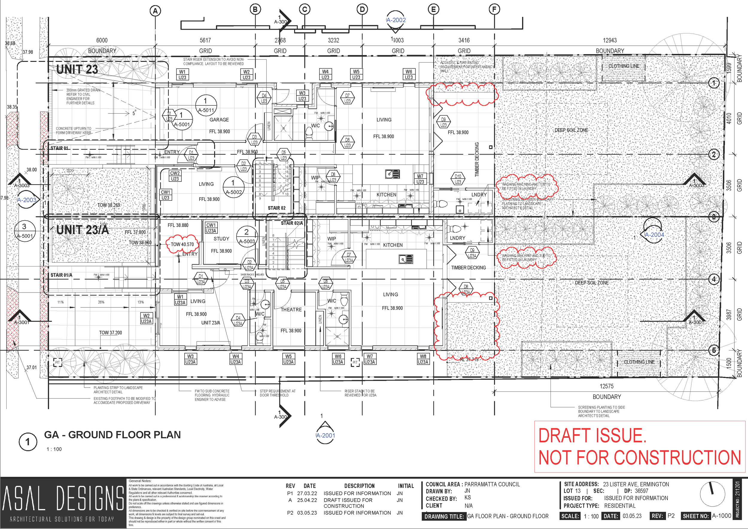 Architectural ground floor plan for a residential building with labeled units, stairs, kitchens, living areas, bedrooms, and outdoor landscaping details, marked as a draft issue.