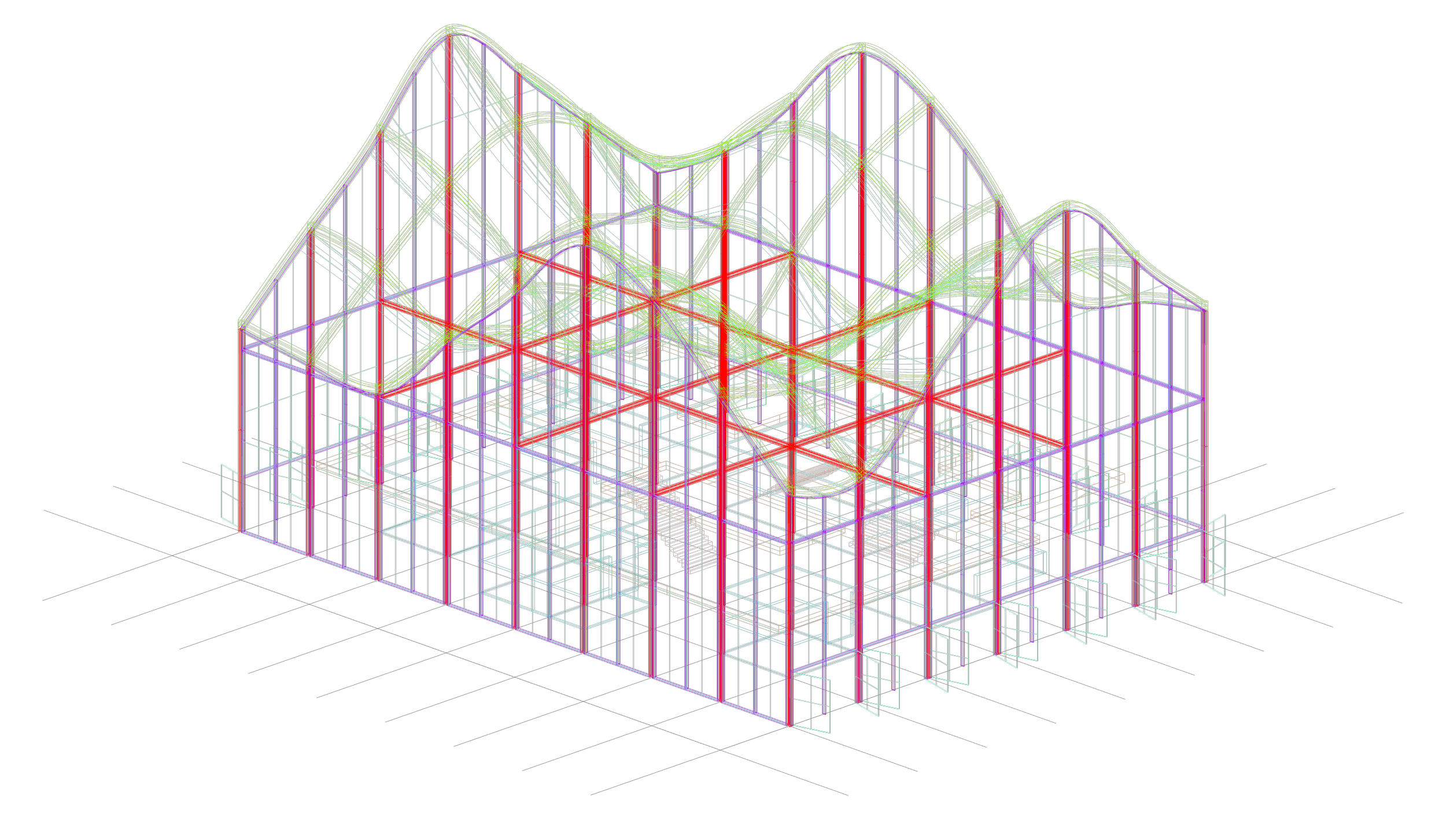3D wireframe model of a building structure with colorful lines on a black background.
