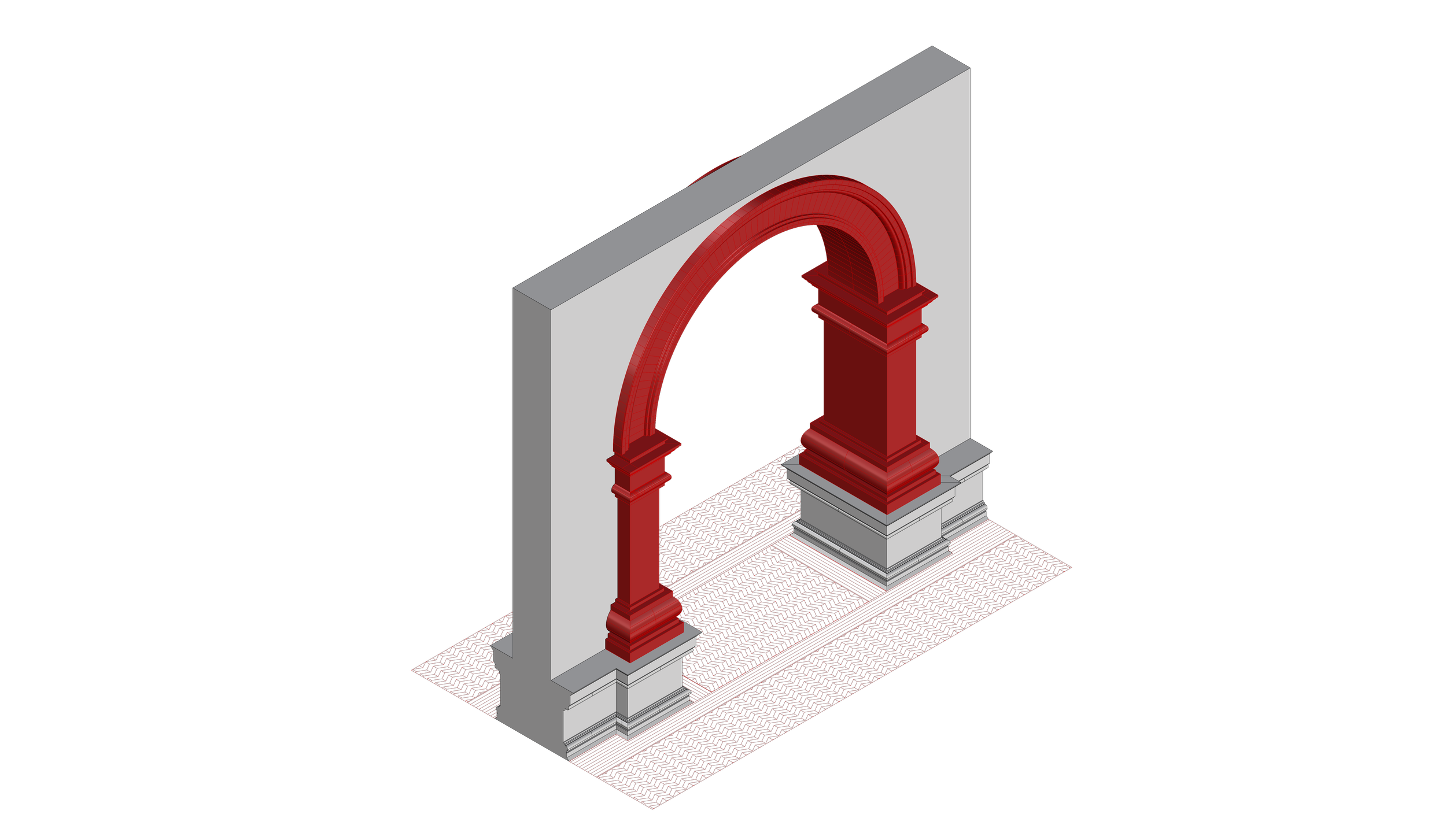 3D model of an archway with red decorative arches on grey and white base and wall background.