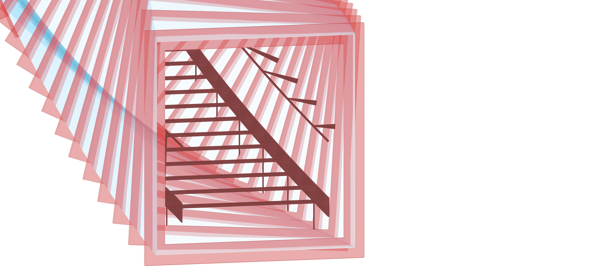 An abstract digital structure showing a perspective view of a geometric staircase with a protective frame, constructed with metal beams and grid elements, viewed from below against a black background.