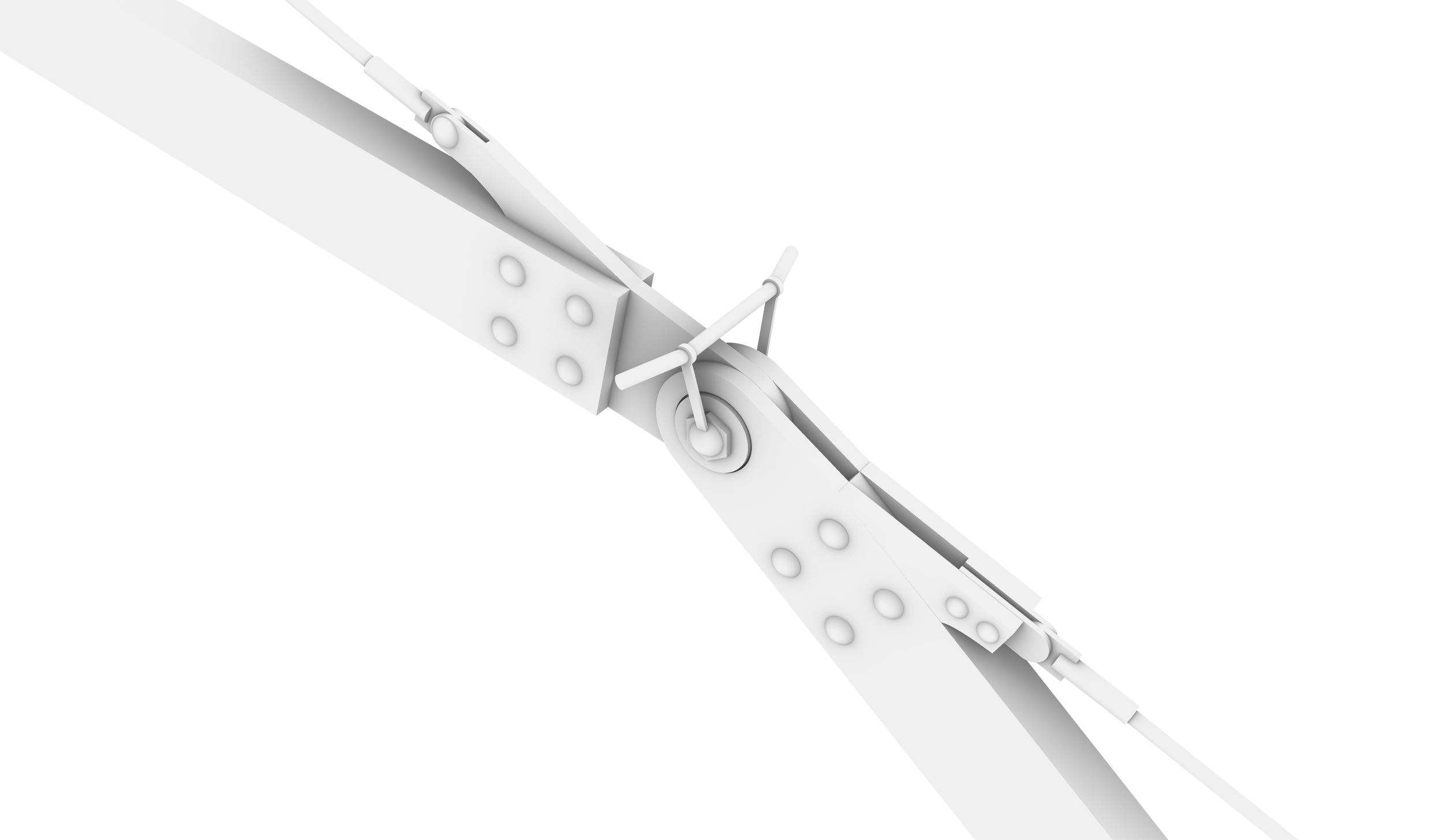 Close-up of a white model airplane or drone wing and hinge mechanism.