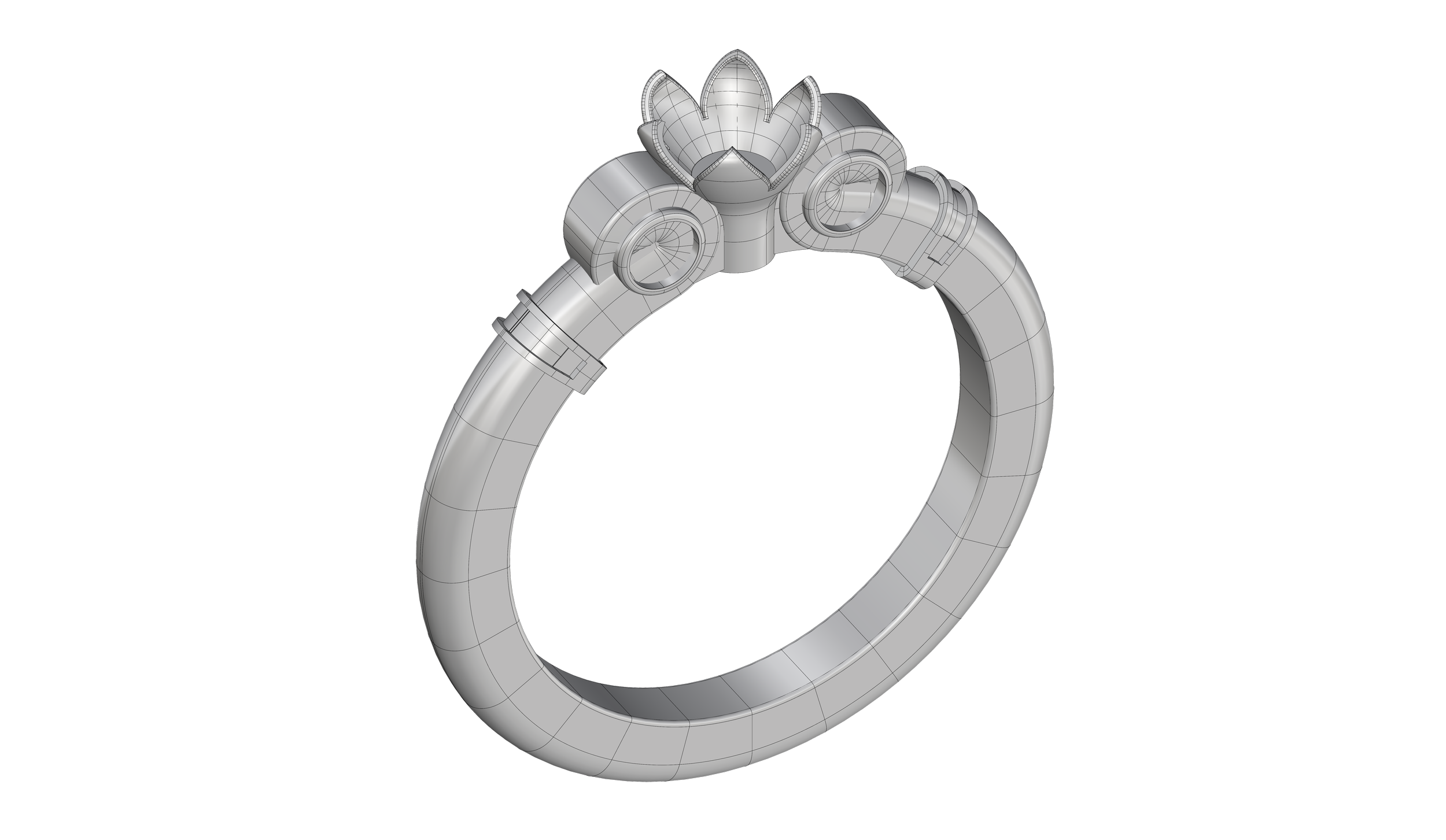 3D rendering of a ring with a floral design on top.