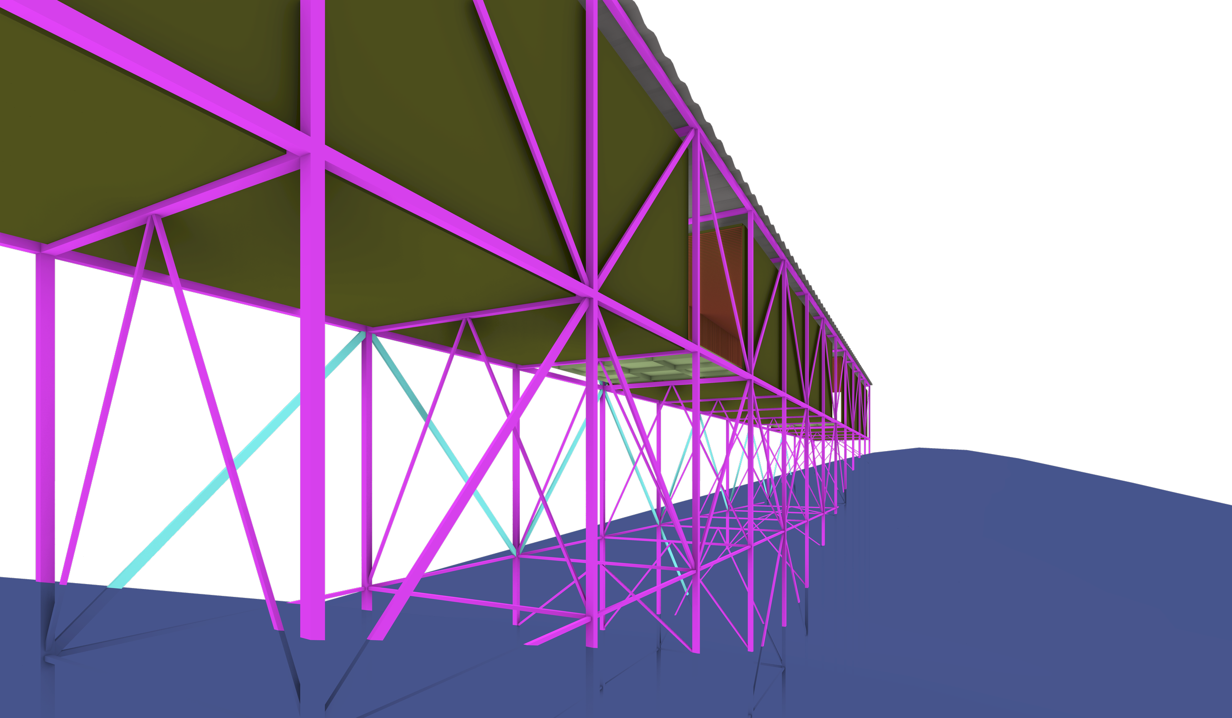 Digital rendering of a modern building with a purple illuminated steel framework and dark background.