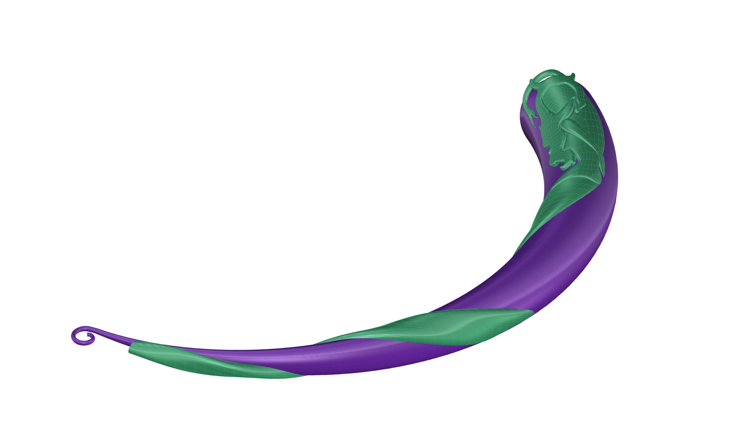 A digital 3D model of a purple and green harpoon with a dragon figurehead on the tip, set against a black background.