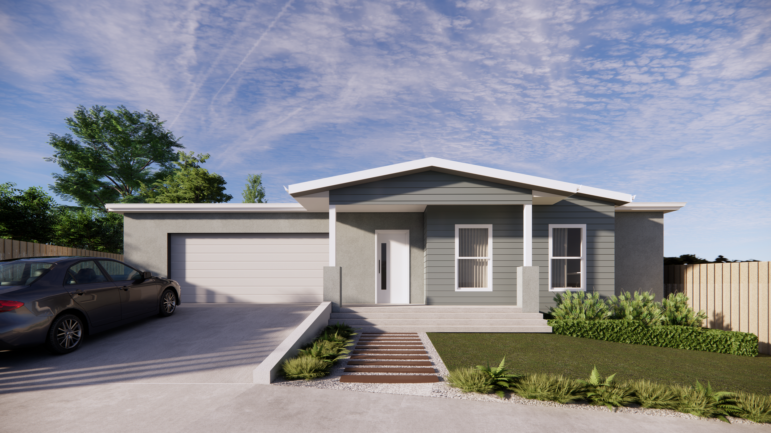 Front view of a modern single-story house with a driveway, parked black car, and a landscaped front yard under a partly cloudy sky.