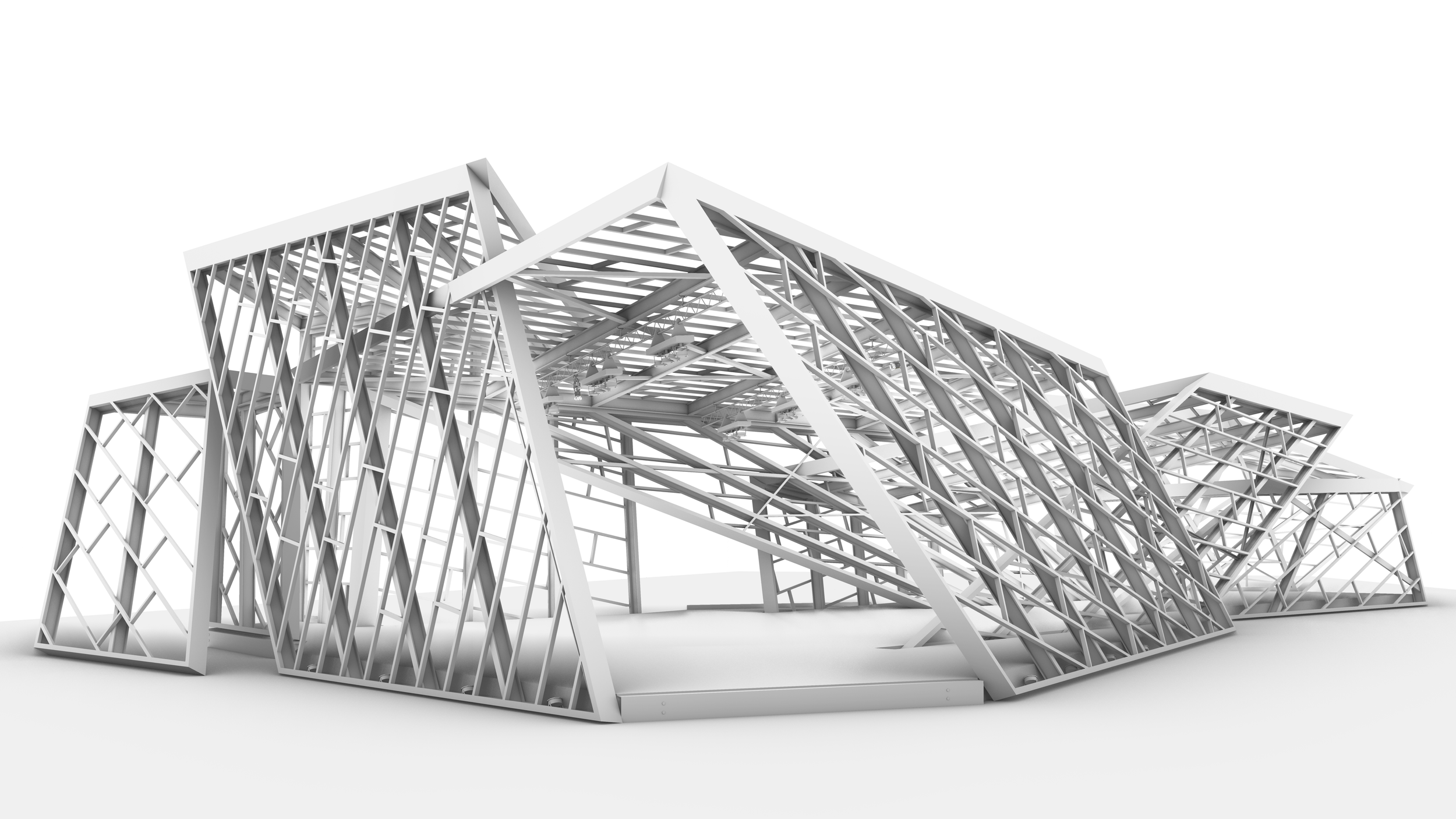 A modern architectural building with a geometric, lattice-like metal framework and angled panels.