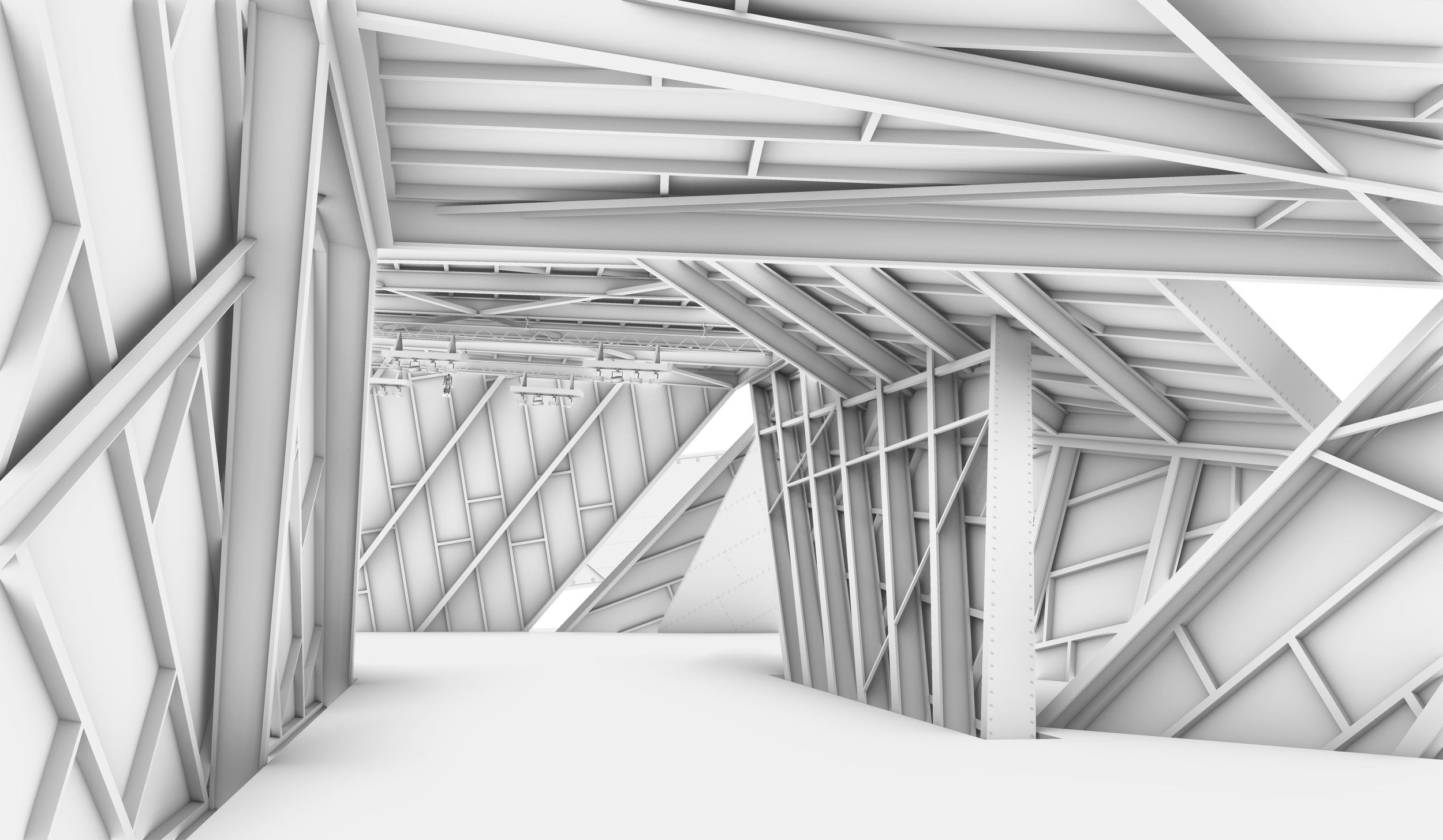 Interior view of a structure with white metal beams and supports, showcasing an industrial or architectural setting with a complex framework.