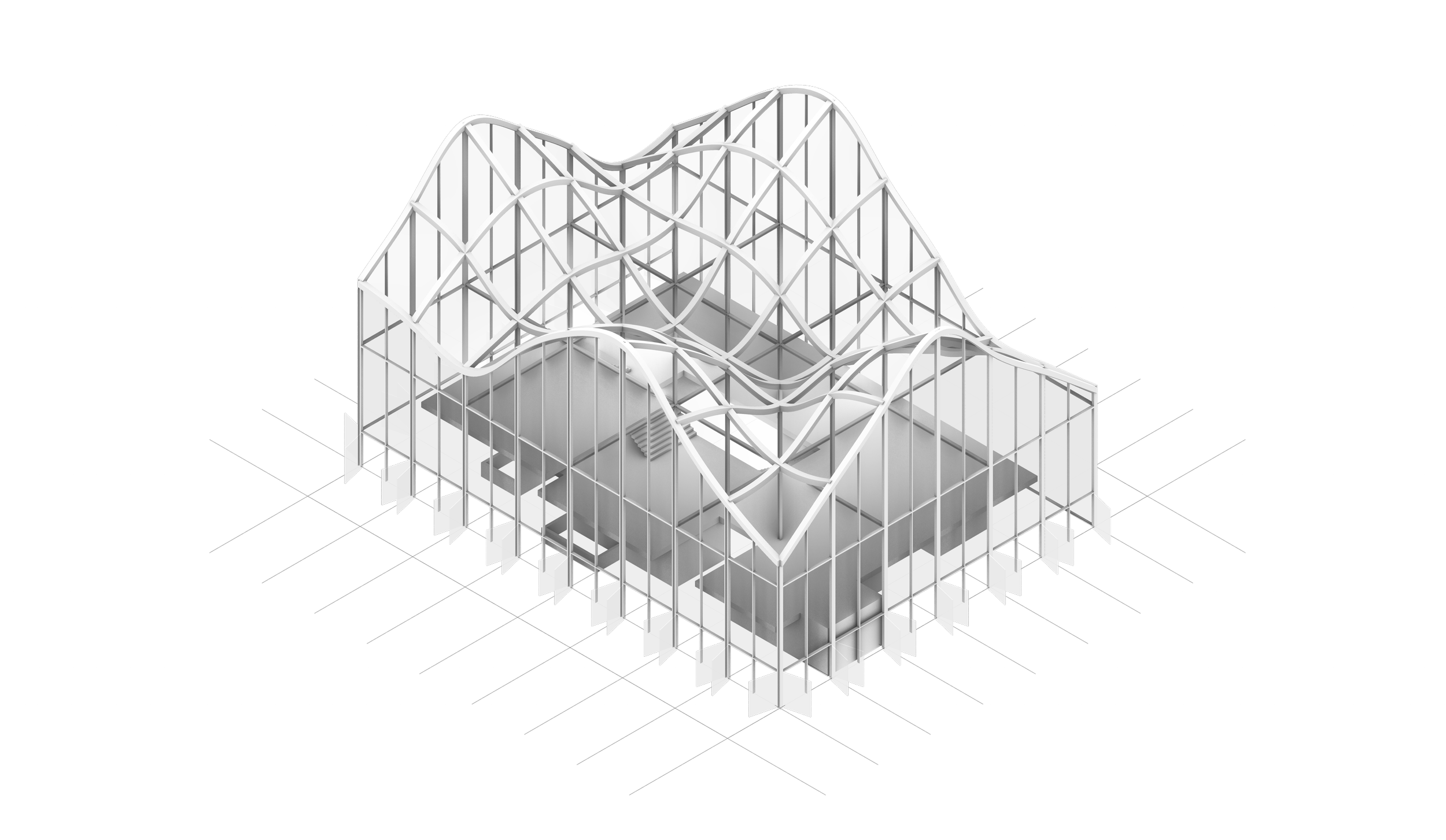 A 3D architectural model of a building with a complex, wave-like roof structure made of white framework, with multiple floors and open interior spaces.