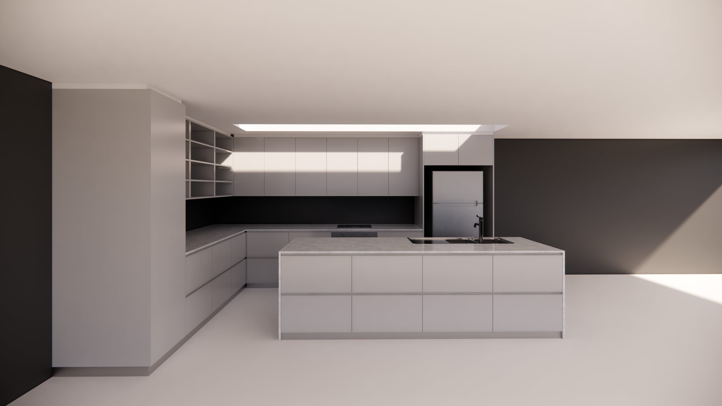 Modern kitchen with light gray cabinets, black backsplash, island with sink, and black and white walls.