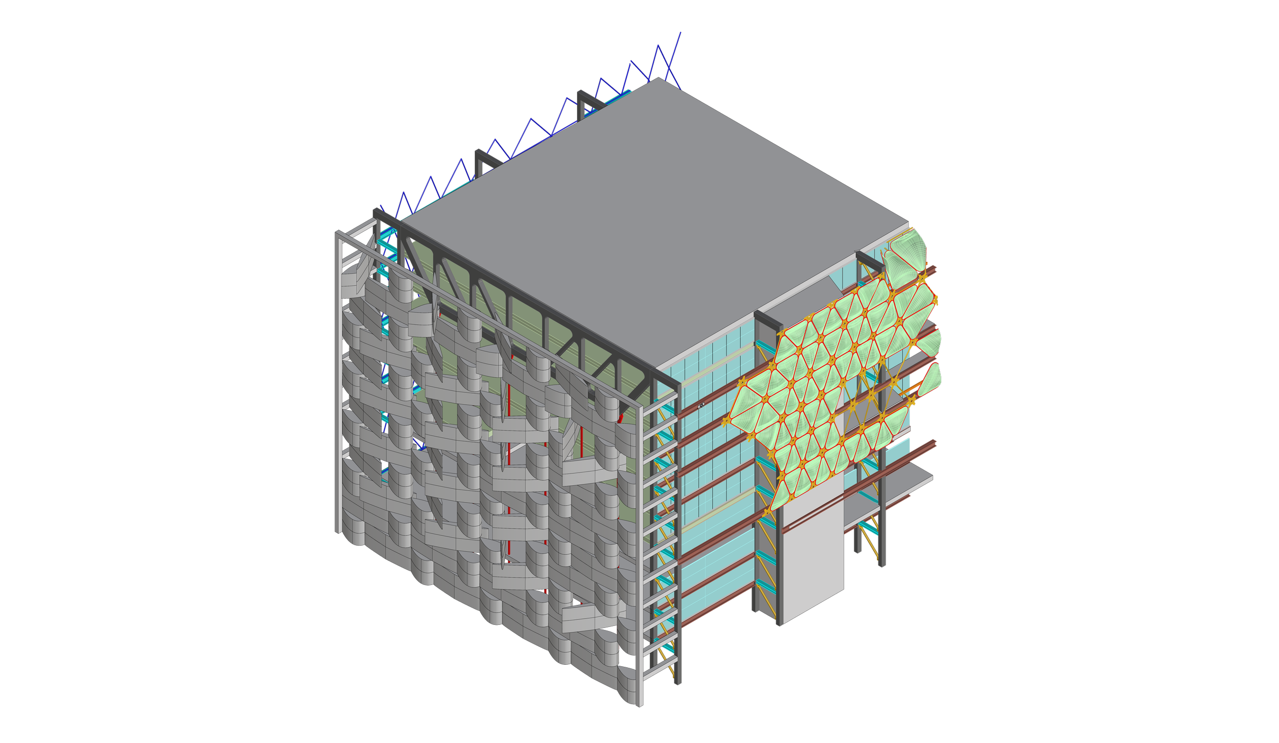 3D rendering of a modern, multi-story building with a distinctive honeycomb-patterned facade on one side, glass windows on other sides, and structural beams visible.