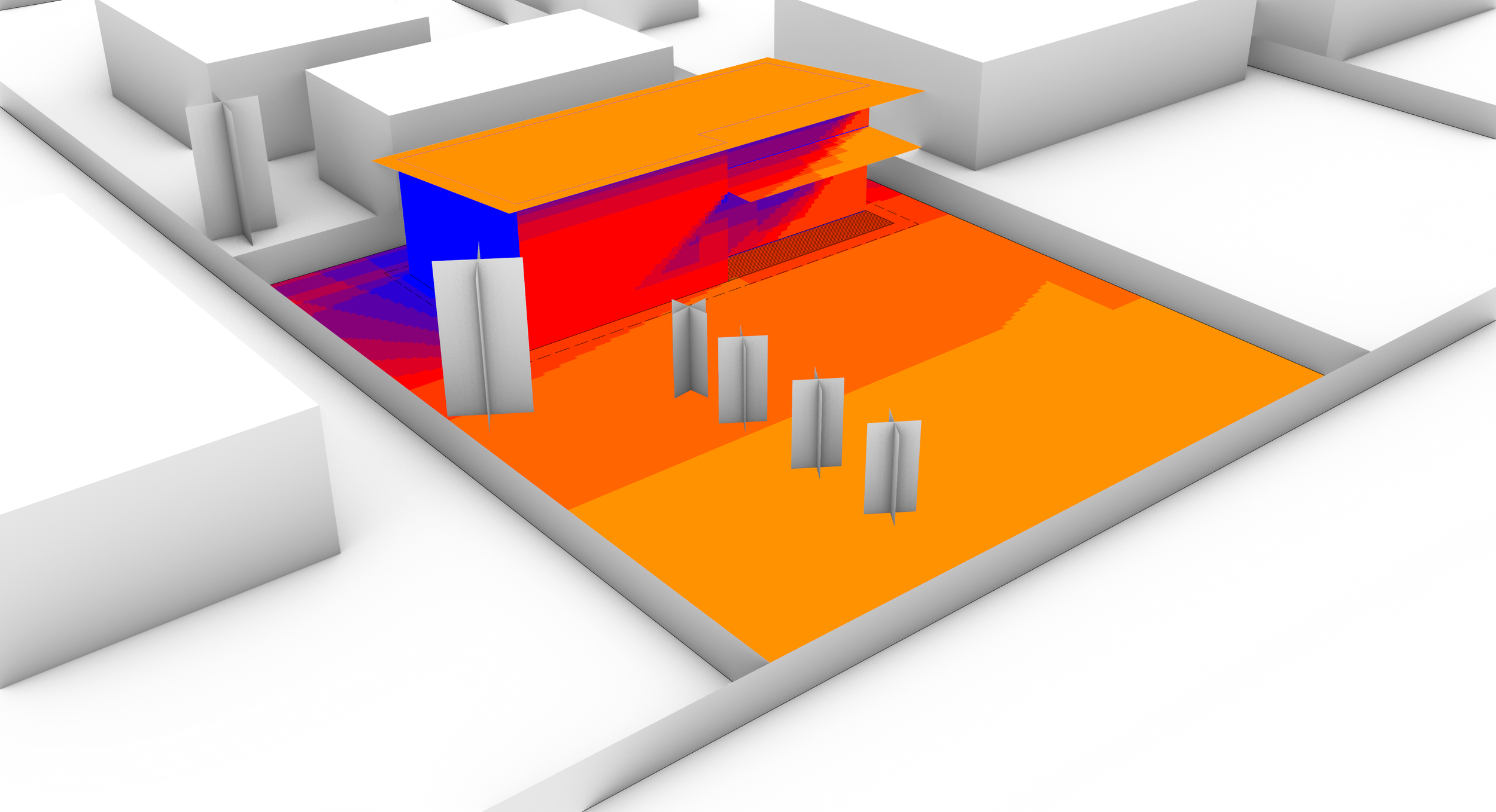 Architectural site plan with a 3D building model, showing elevation heatmap data with colors red, blue, purple, and orange around a modern structure in an urban setting.