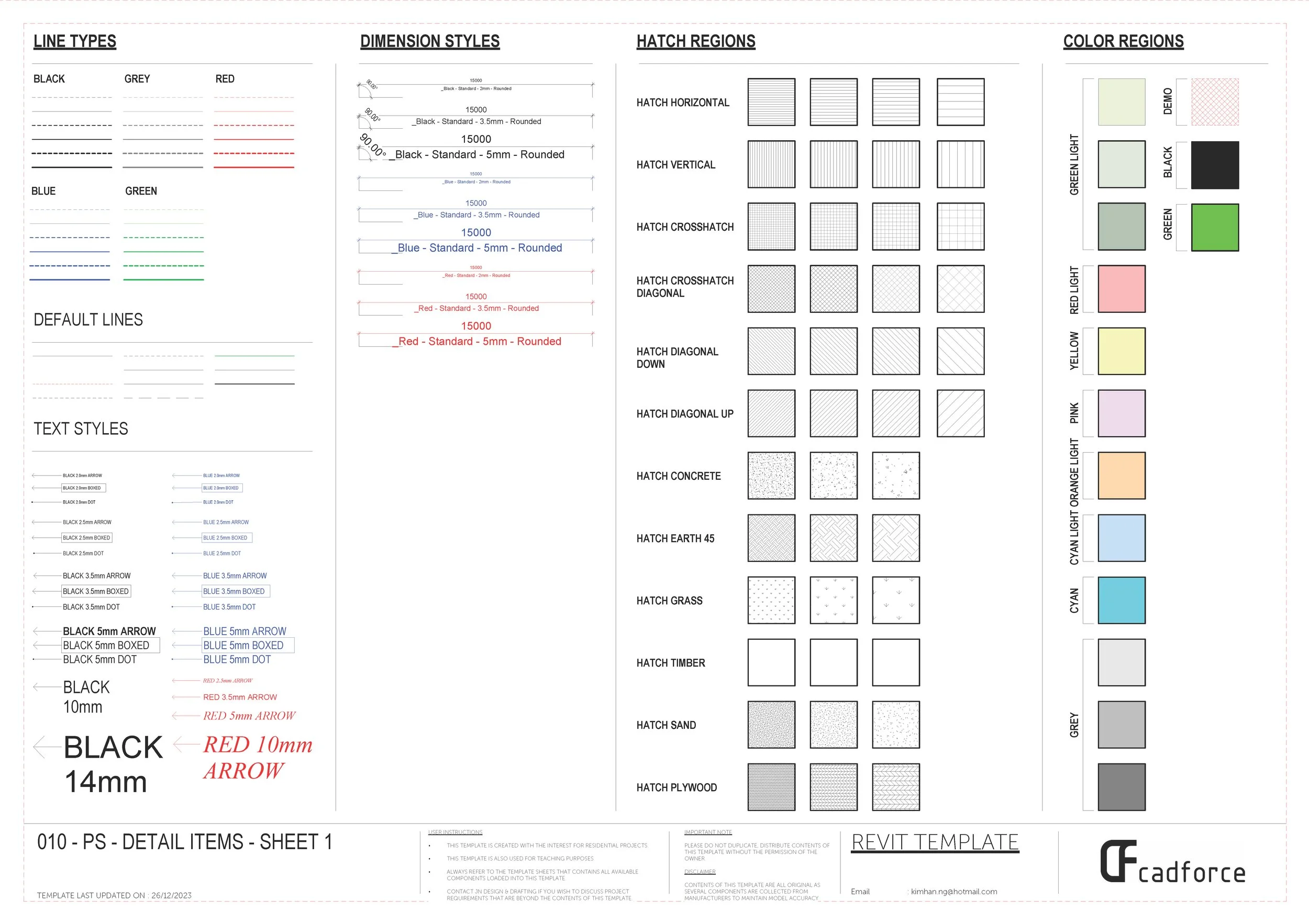 This image displays a detailed CAD template for various construction materials, including line types, dimension styles, hatch regions, and color regions, organized in columns with labels and examples.