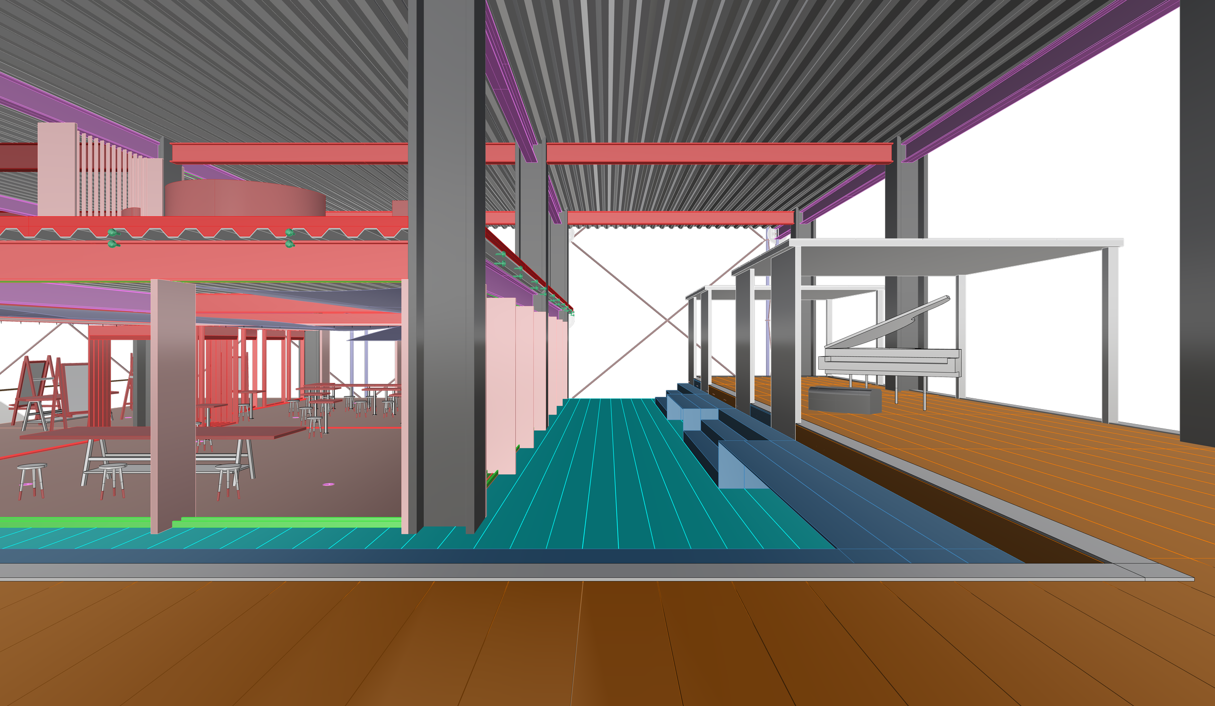 Digital 3D rendering of an indoor space with a stage, piano, dining area, and seating, featuring colorfulStructural elements and a black background.