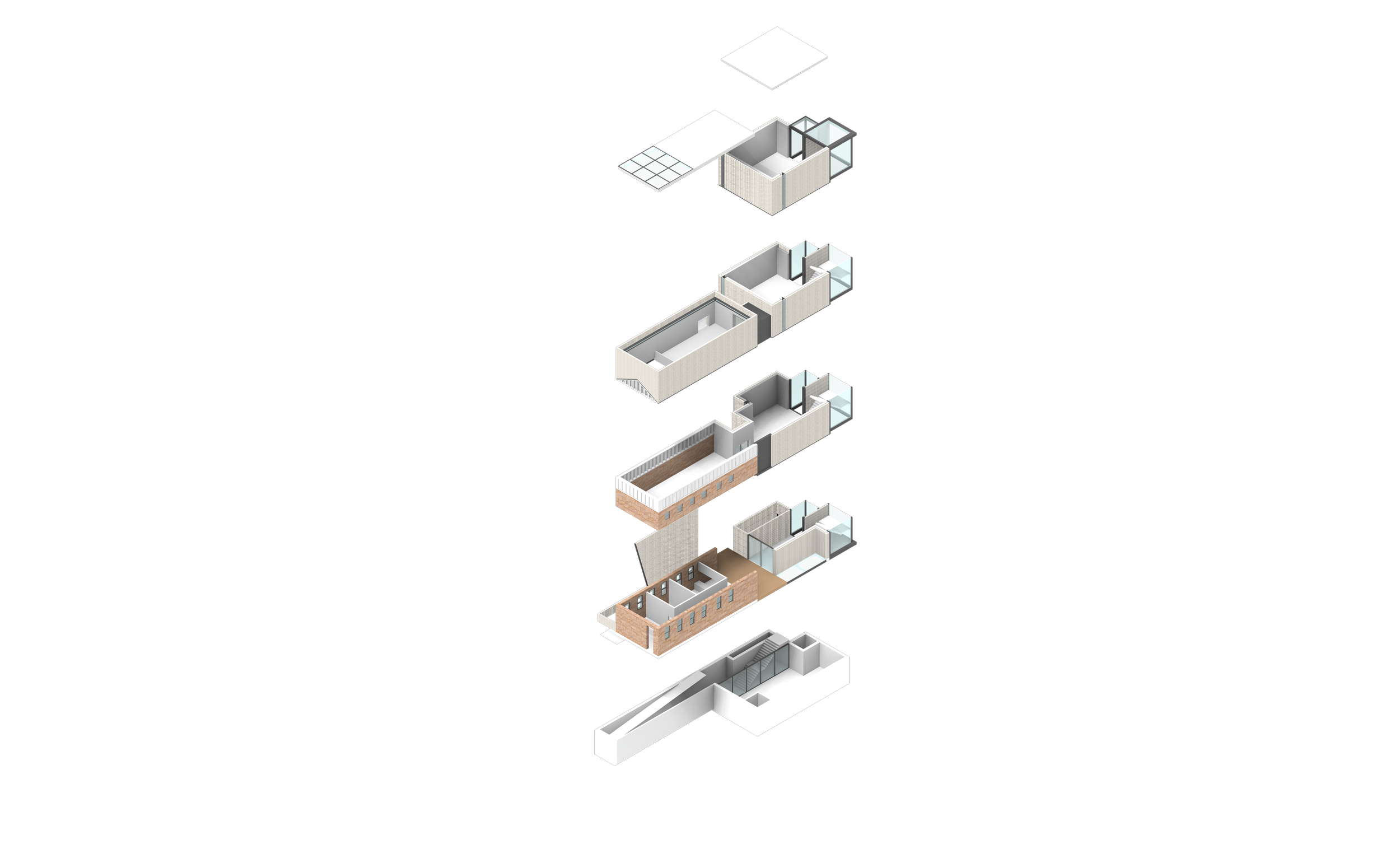 An exploded view of a multi-level modern building showing different floors and rooms