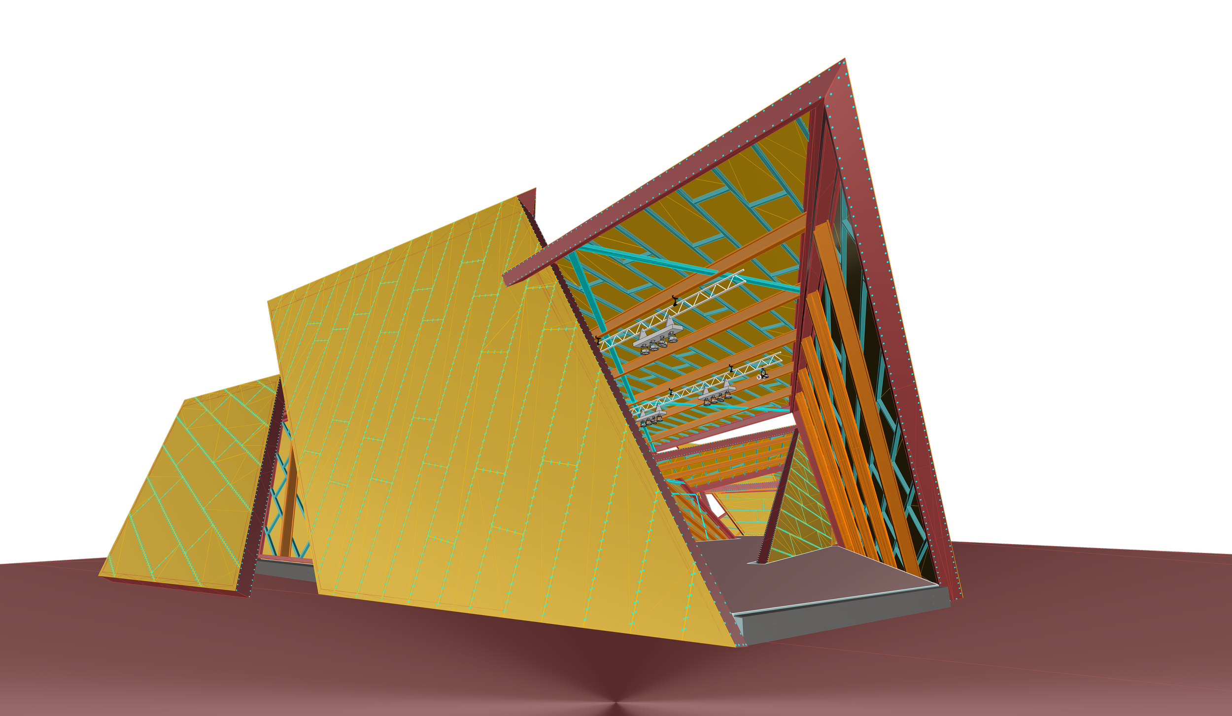 A digital 3D rendering of a building under construction with exposed framing and structural elements, set against a black background.