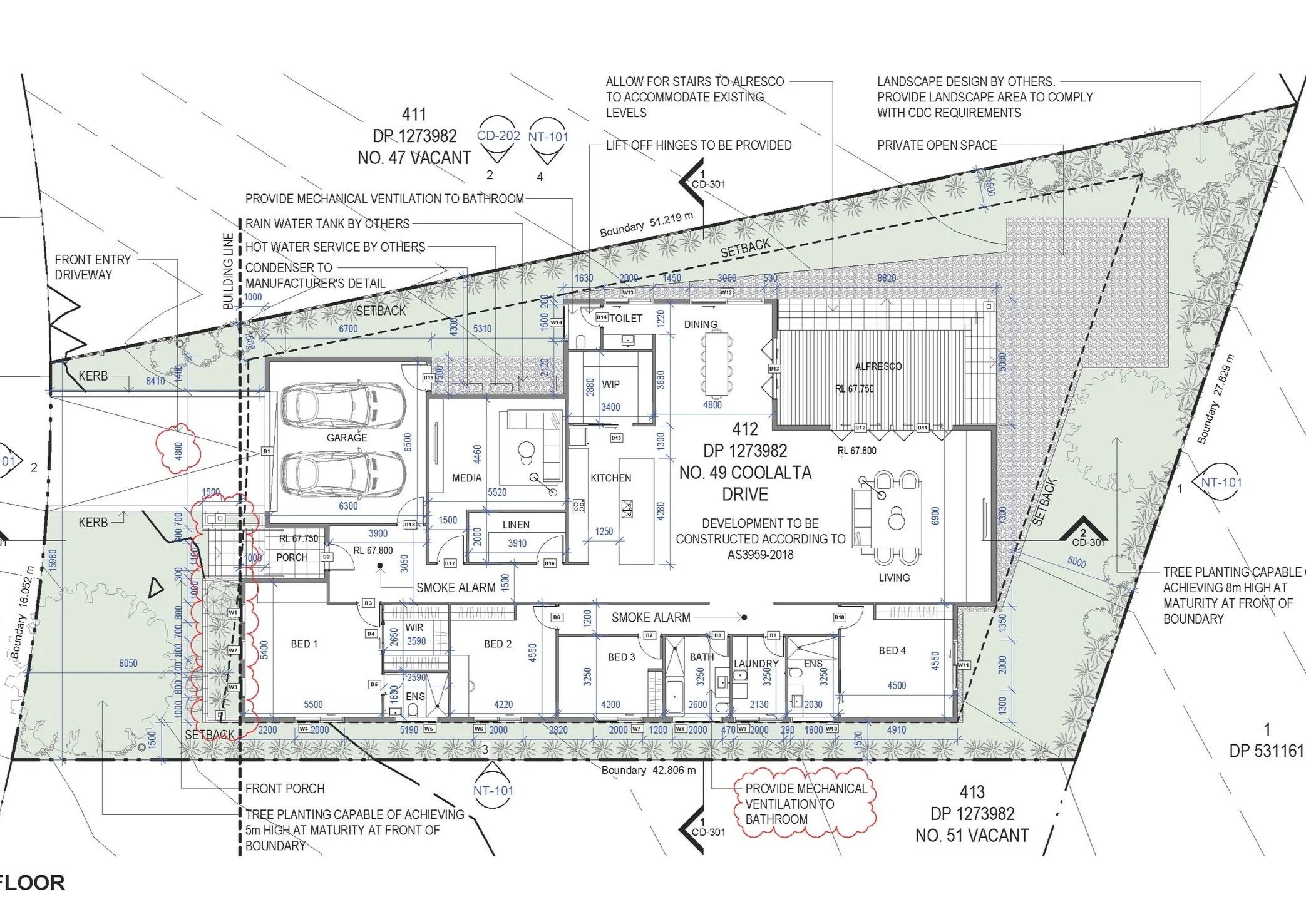 Architectural site plan for a residential house, including rooms, garage, driveway, landscaping details, and boundary measurements.