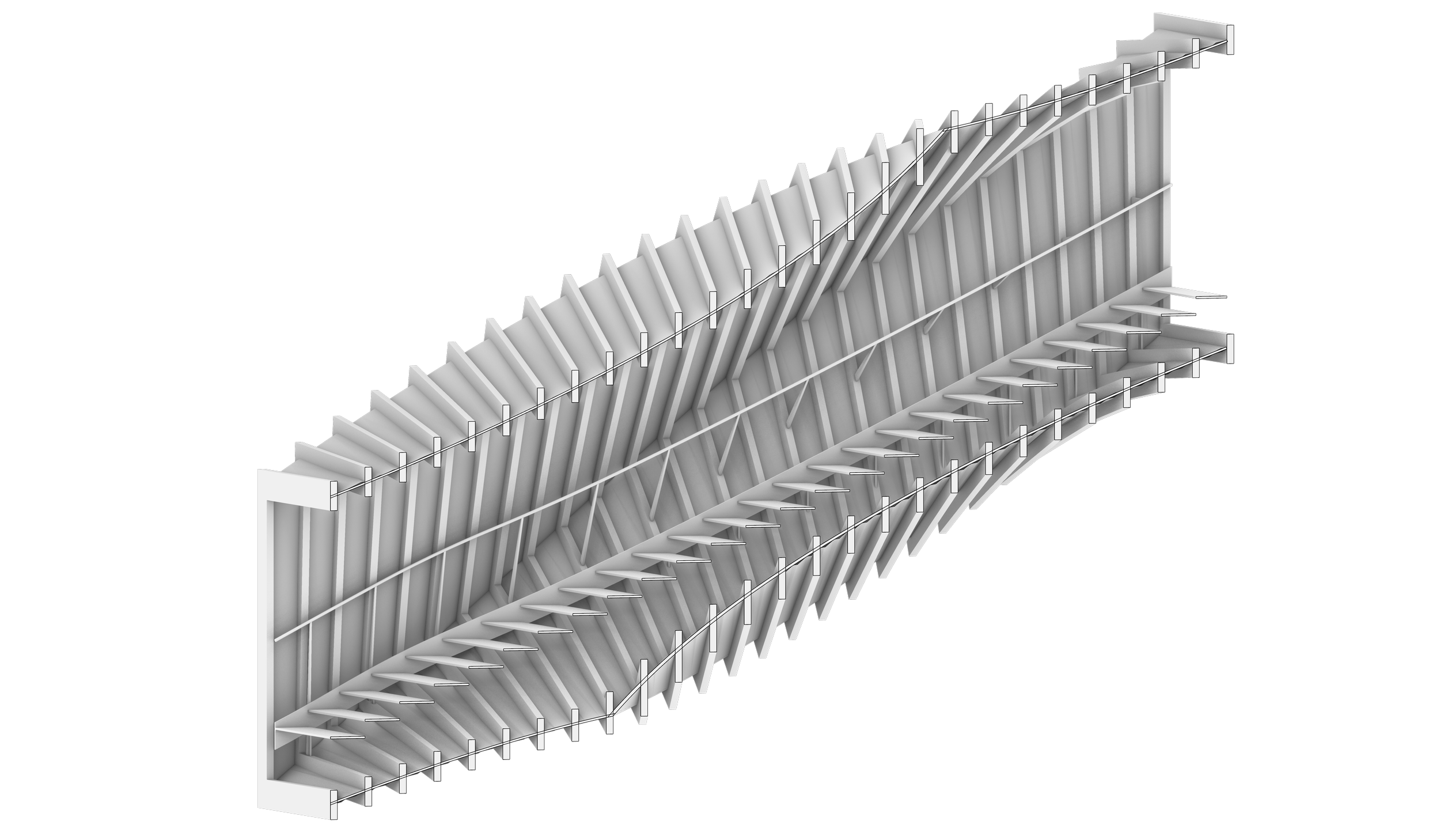 A 3D model of an aircraft wing cross-section showing internal structure with ribs, spars, and skin.
