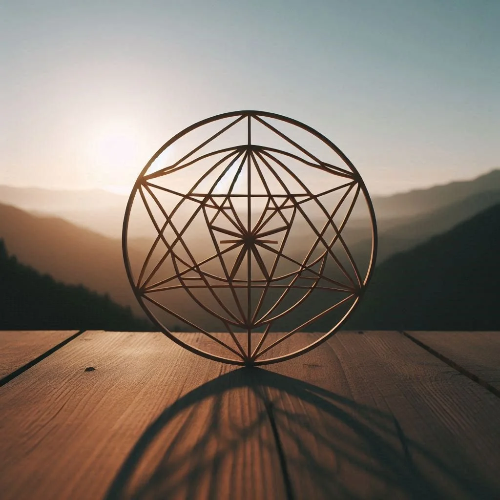 A geometric wire sculpture in the shape of a sphere placed on a wooden surface outdoors, with mountain ranges and a setting sun in the background.