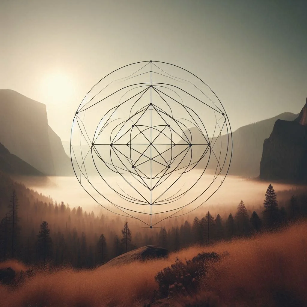 A geometric design over a mountainous landscape with fog and trees, with a sun or moon in the background.