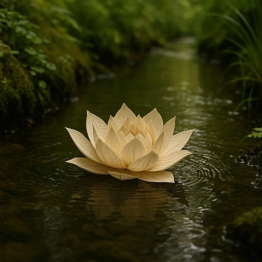 A cream-colored lotus flower floating on a narrow stream surrounded by green foliage.