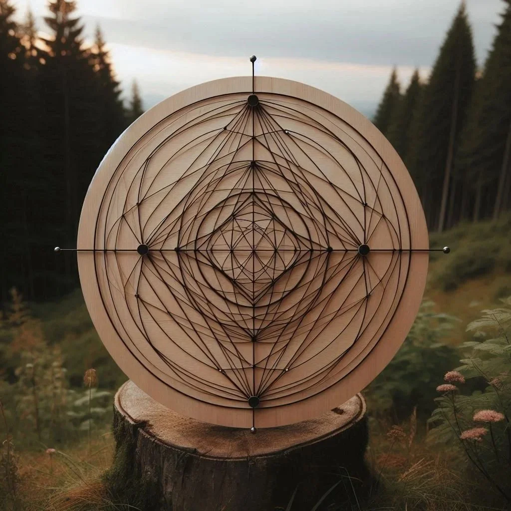 A wooden geometric art piece with intricate black lines and circular patterns, mounted on a tree stump with a forest background.