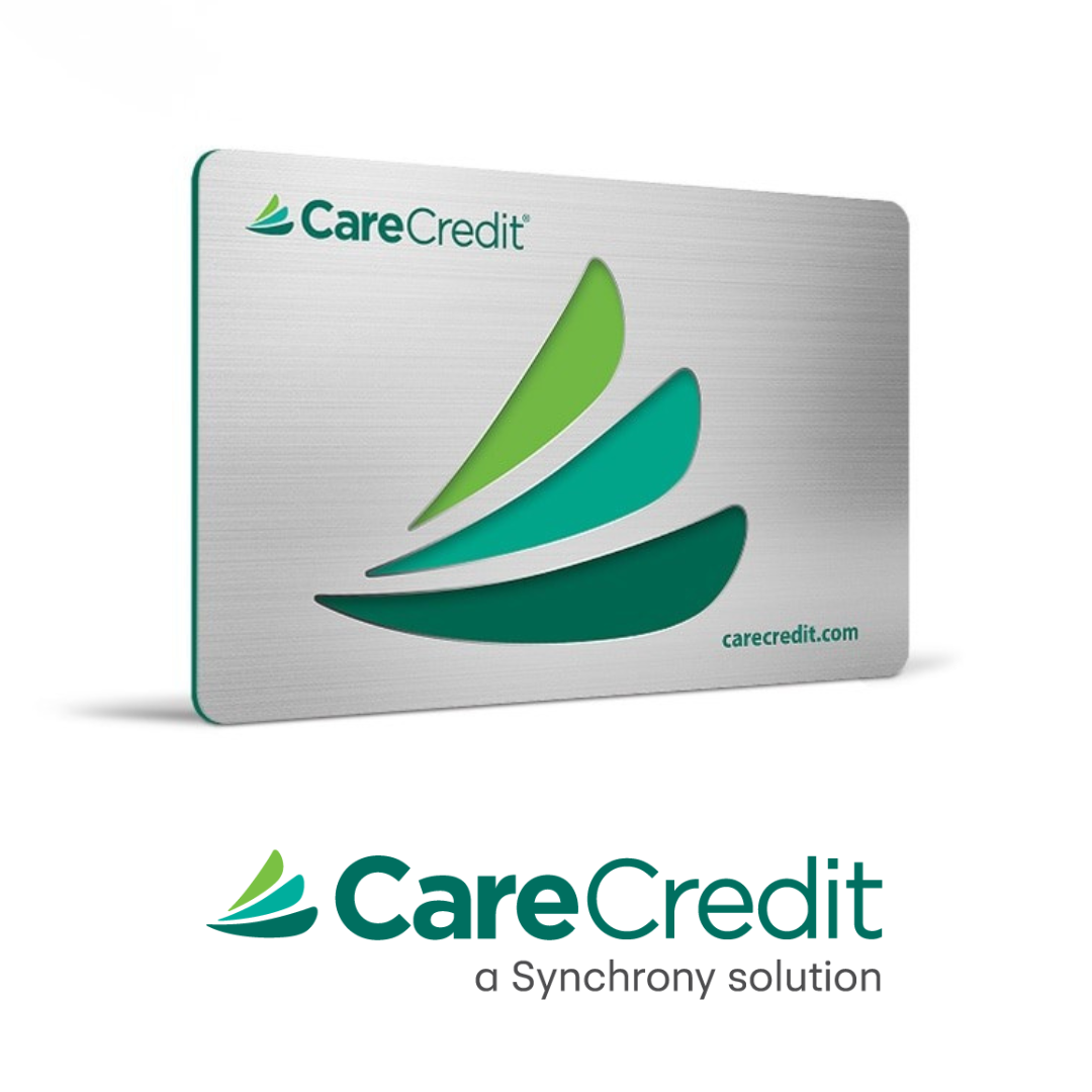 A CareCredit card with a logo of four stylized overlapping leaves in shades of green and teal, and the text "CareCredit" on a silver background. Below the card, the CareCredit logo and the phrase "a Synchrony solution" are displayed.