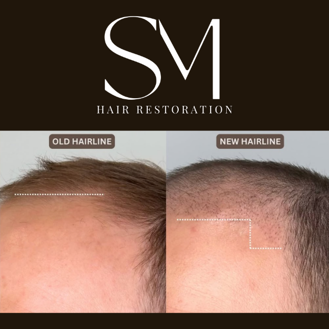 Before and after photos showing hairline restoration, with the left labeled 'Old Hairline' showing a receding hairline, and the right labeled 'New Hairline' showing a fuller hairline after treatment.