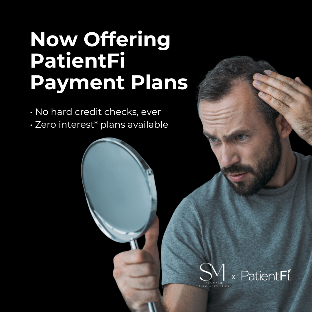 Promotion for PatientFi payment plans, featuring a man looking at himself in the mirror, touching his hair in concern, with text about no credit checks and zero interest plans.
