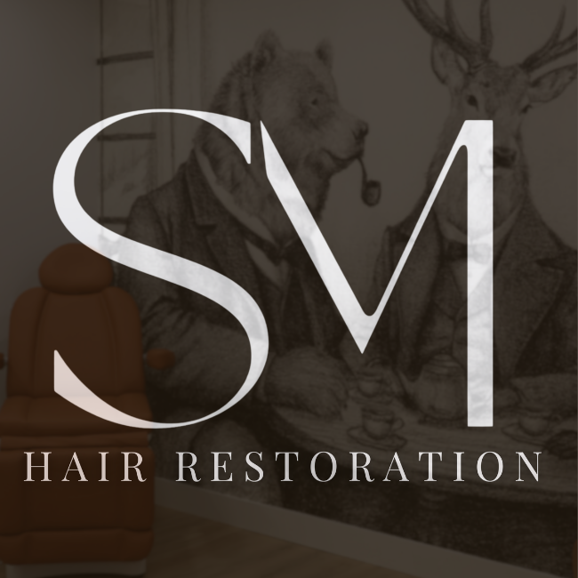Logo for SMI Hair Restoration with background sketch of a bear and a deer dressed in suits, and an orange chair on the left.
