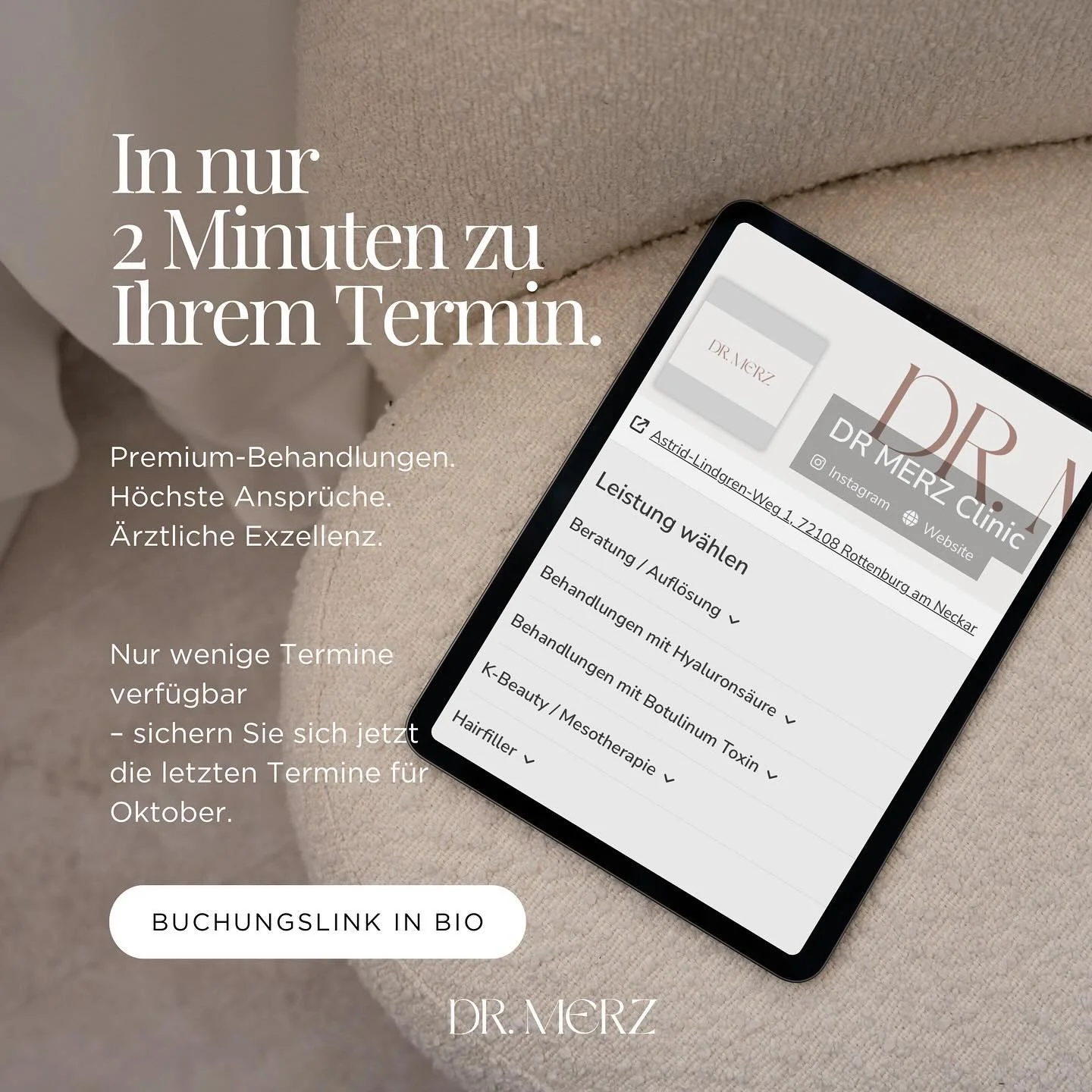 Ihr perfekter Termin – in nur zwei Minuten gebucht.
Erleben Sie Premium-Behandlungen auf höchstem medizinischen Niveau.
Bei DR MERZ verbinden sich Präzision, Ästhetik und ärztliche Exzellenz – individuell abgestimmt
