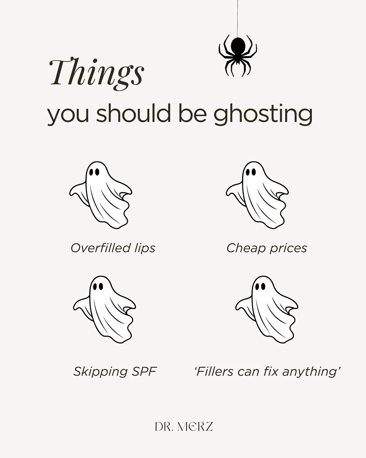 Some things you should be ghosting this season 
- Aesthetic medicine edition

Happy spooky season 🎃👻

💉💉💉

#lip #lipfiller #lips #lipinjections #doctor #doctors #drmerz #merz #aesthetic #aestheticmedicine #medicine #medical #sch&ouml;nheit #hyal