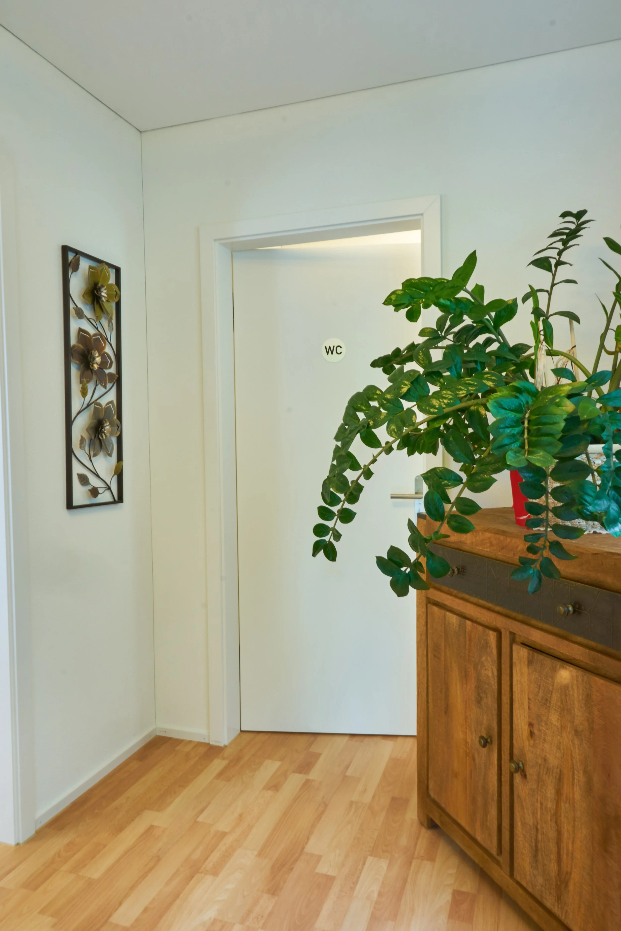 Flur mit Holzmöbel, große Pflanze und eine Tür mit WC-Schild.