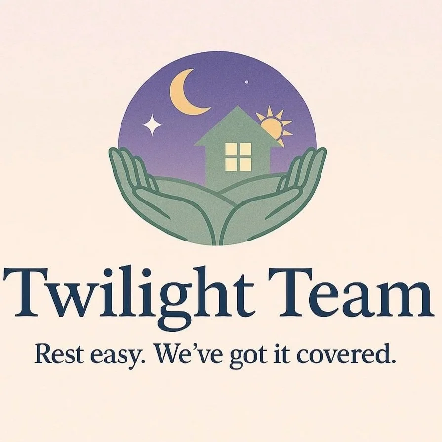 A logo with a pair of hands holding a house against a night sky with a moon and stars, and the text 'Twilight Team' with the slogan 'Rest easy. We've got it covered.'