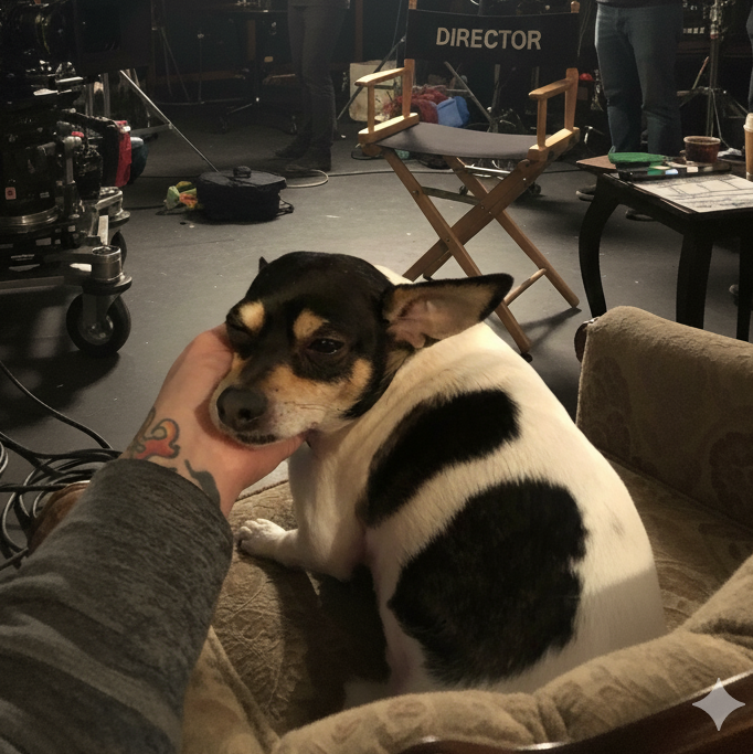 A small black, tan, and white dog resting on a couch with a hand petting its head, in a film or television set environment.