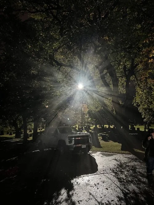 Sunlight shining through tree branches in a park, casting rays over parked cars and a person on the right.