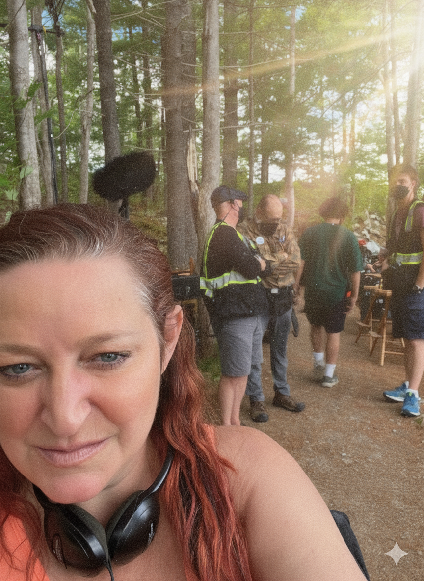 A woman with red hair and headphones around her neck taking a selfie in a forest, with several people in the background wearing masks and engaged in conversation or activities, and trees with sunlight filtering through.