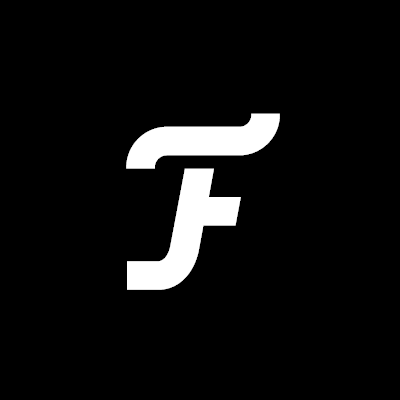 A stylized white letter 'F' with a swoosh design on a black background.