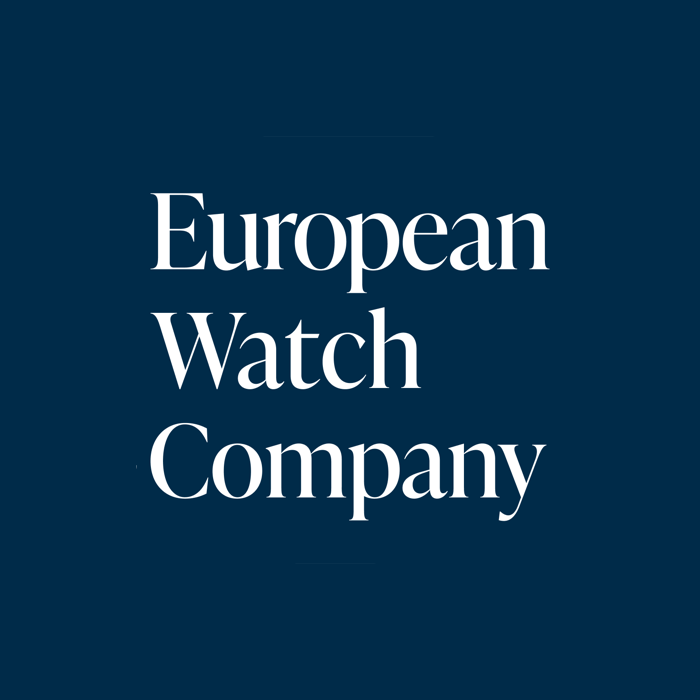 Logo for European Watch Company with white text on dark blue background