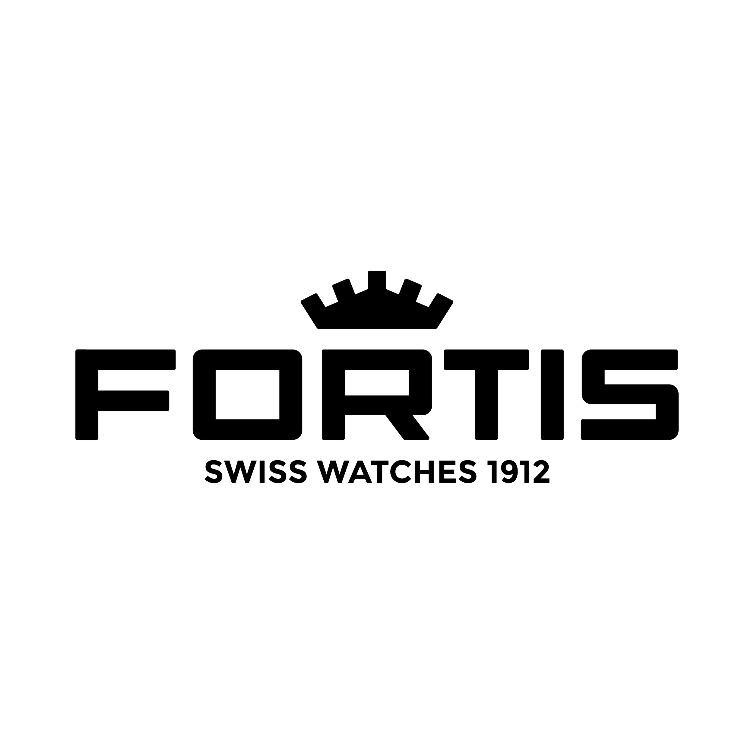 Black and white logo for Fortis Swiss Watches 1912, featuring the brand name with a gear symbol above the 'i'.