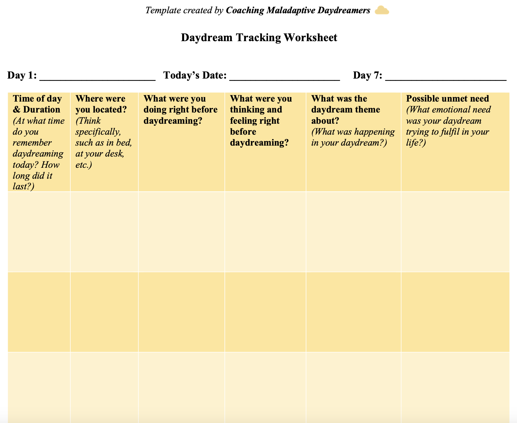 Daydream Tracking Worksheet