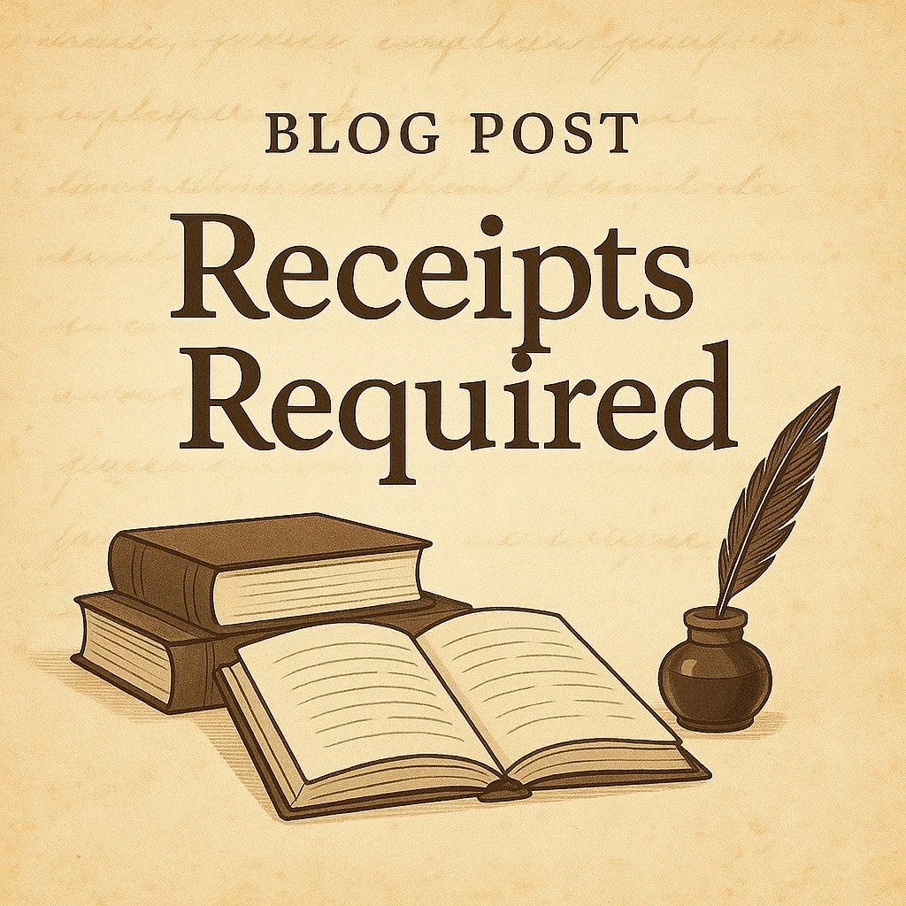 Illustration of a stack of books and an open book with a quill in a holder accompanied by the text 'Blog Post Recepts Required'.