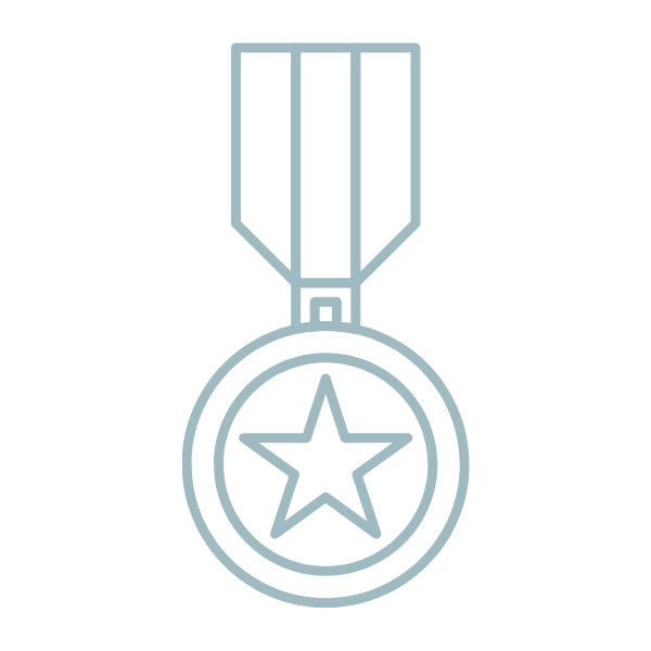 Line drawing of a medal with a star in the center and a ribbon at the top.